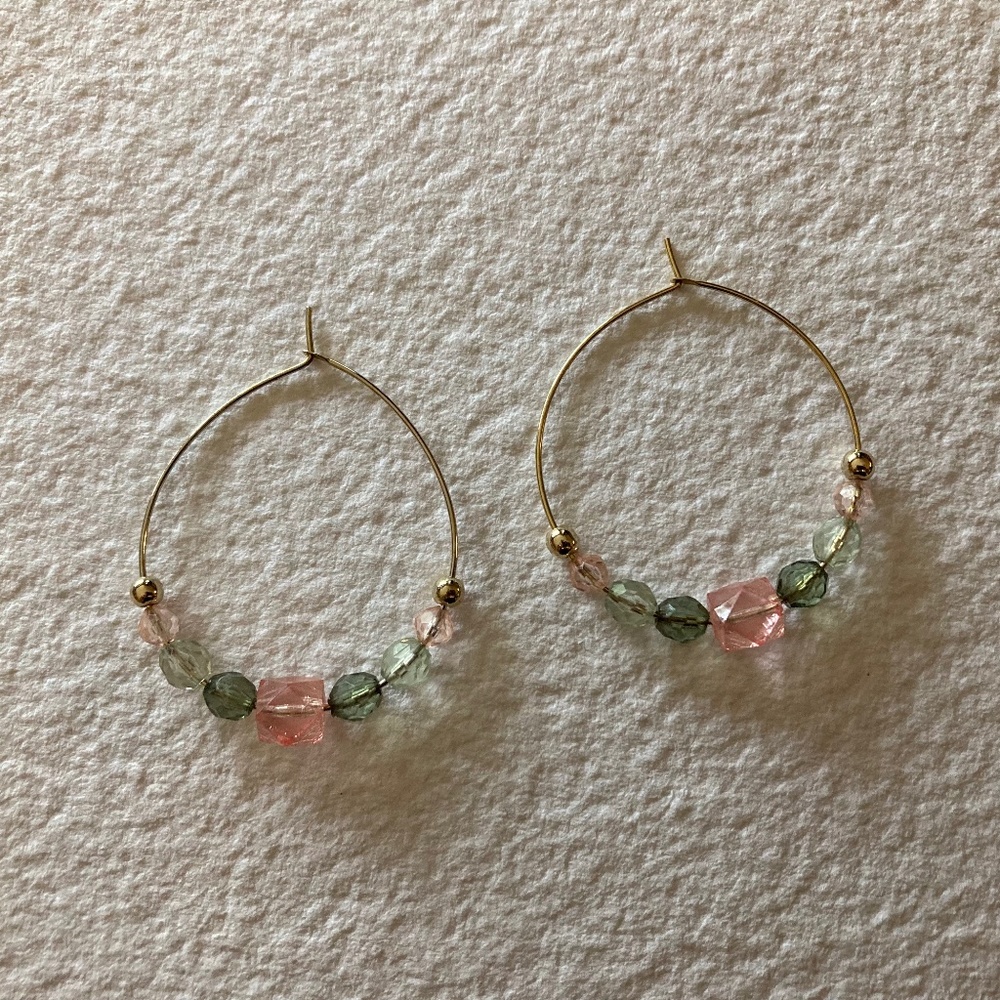 Vintage Pink and Green Crystal Gold Hoops